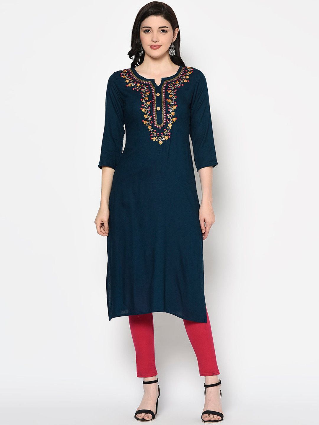 

Gulmohar Jaipur Women Navy Blue Floral Embroidered Thread Work Kurta