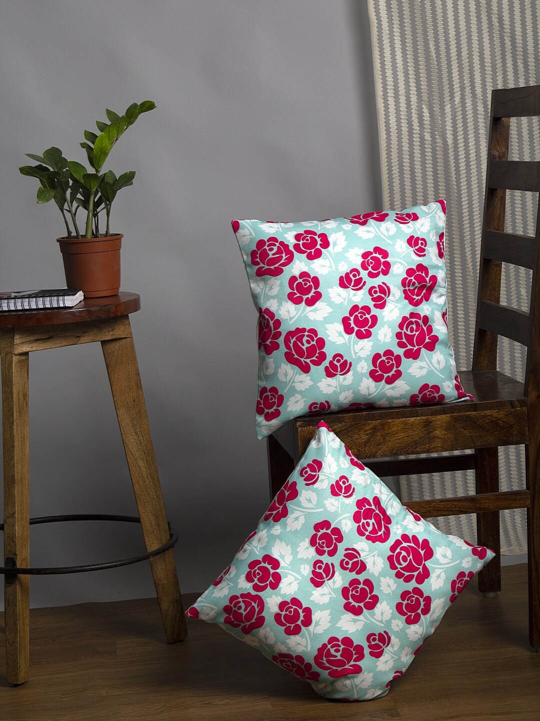 

Alina decor Blue & Pink Set of 2 Floral Square Cushion Covers
