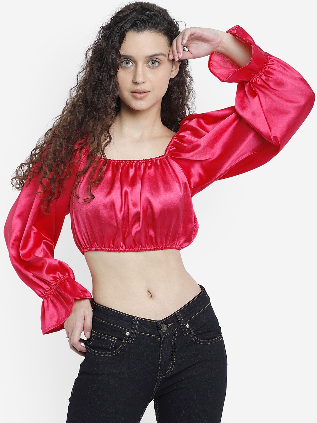 

Marzeni Fuchsia Pink Bell Sleeves Satin Blouson Crop Top