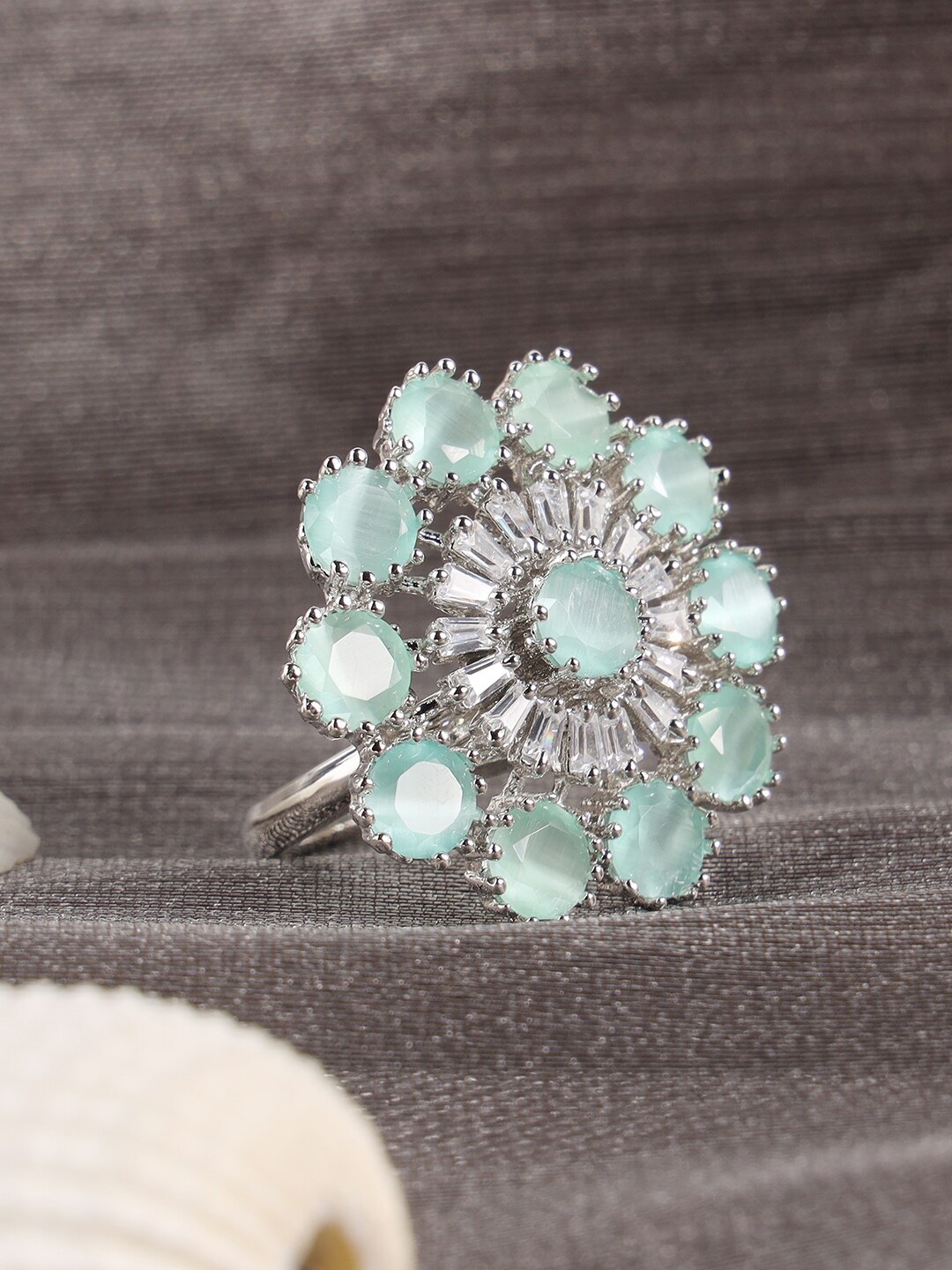 

ANIKAS CREATION Silver-Plated Sea Green & White American-Diamond Studded Finger Ring