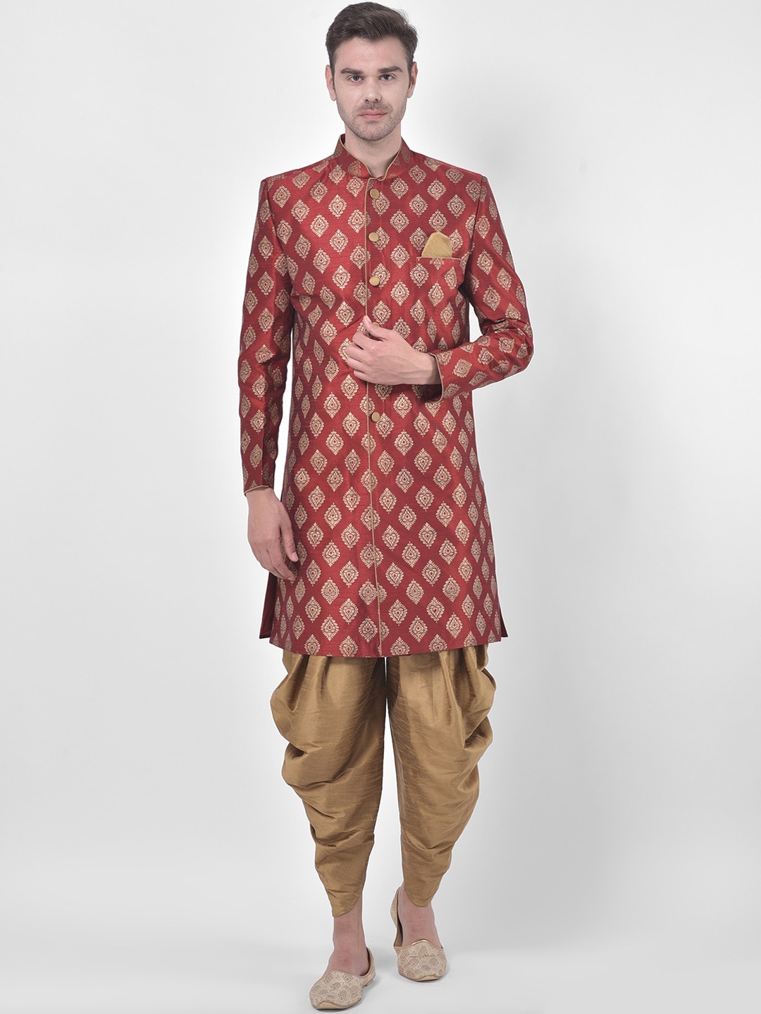 

DEYANN Men Red & Gold-Coloured Printed Sherwani With Dhoti Pants