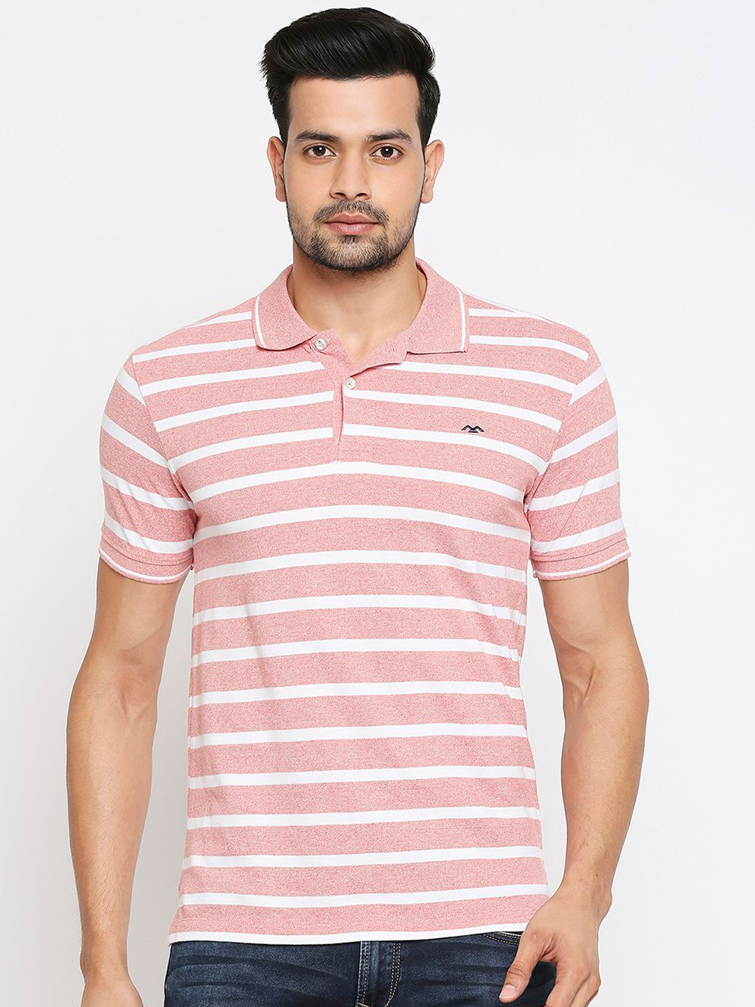 

Mufti Men Pink Striped Polo Collar T-shirt