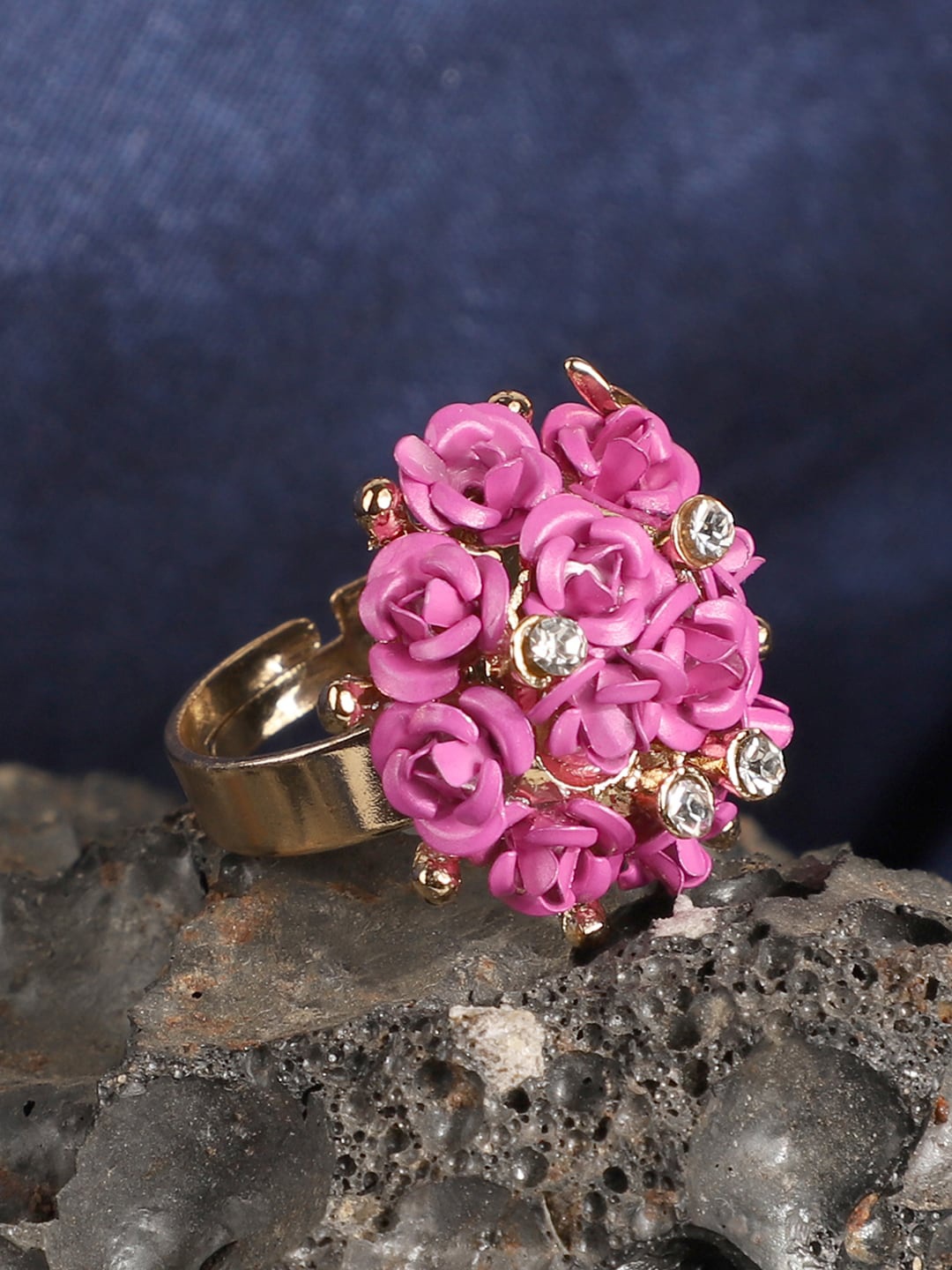 ANIKAS CREATION Gold-Plated Pink & White Stone-Studded Finger Ring