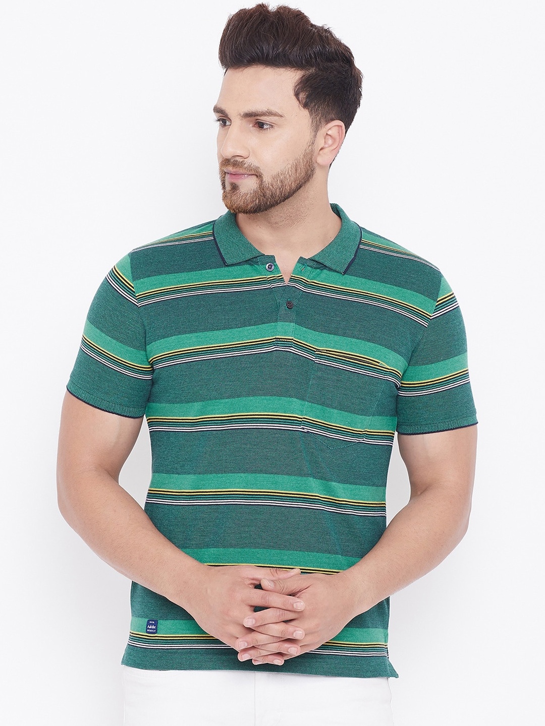 

Adobe Men Green Striped Polo Collar T-shirt