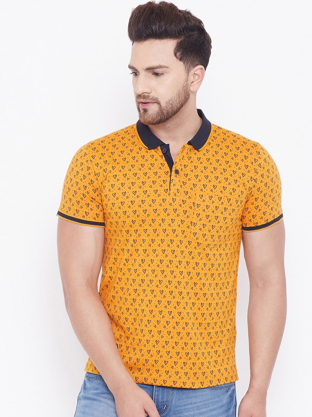 

Adobe Men Mustard Yellow Printed Polo Collar T-shirt