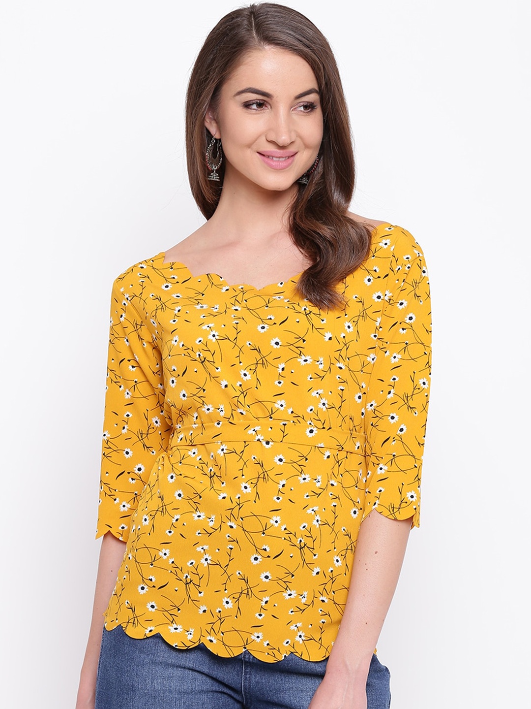 

Mayra Yellow Floral Printed Crepe Regular Top