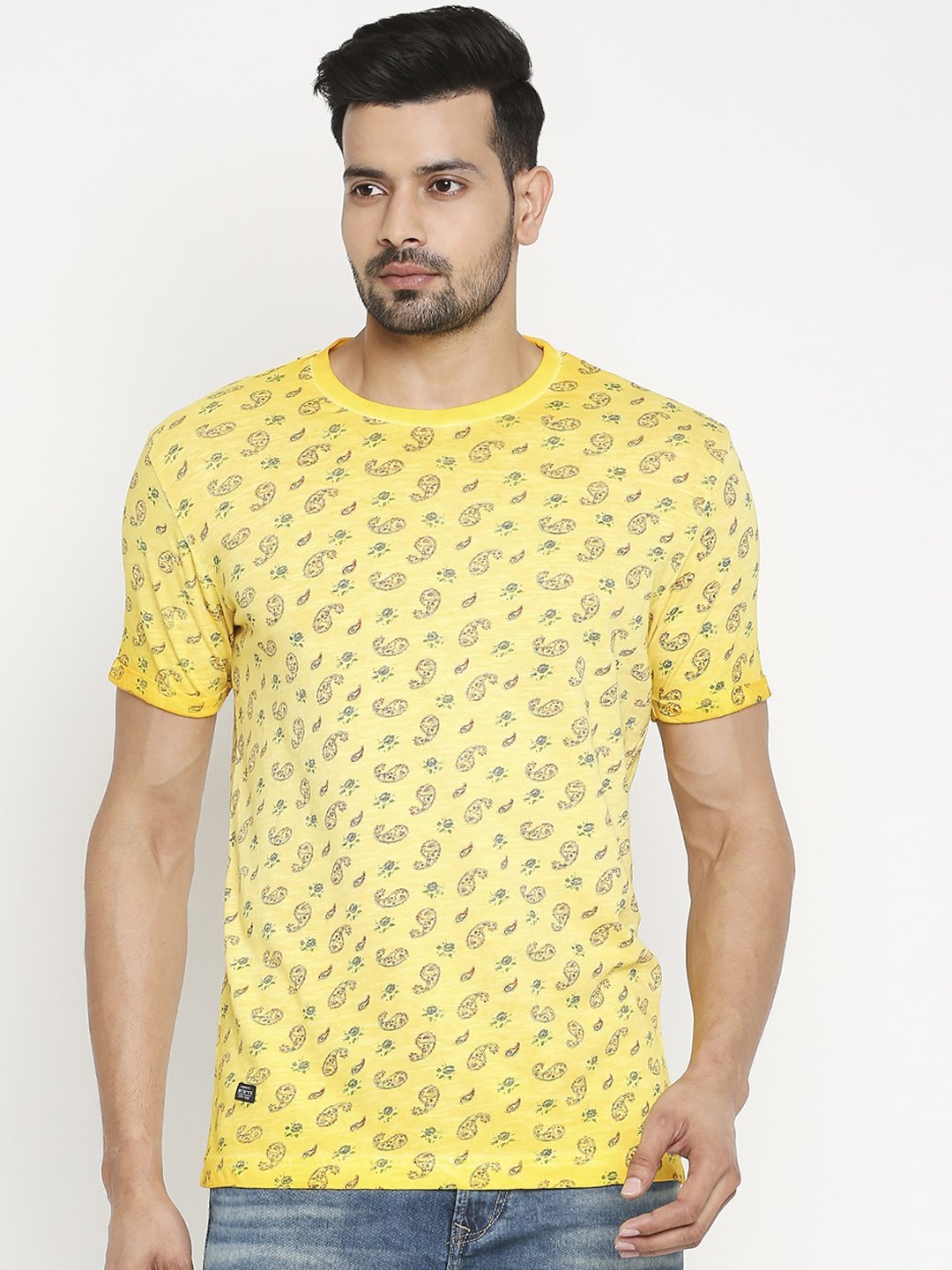 

Mufti Men Yellow Printed Round Neck Pure Cotton T-shirt