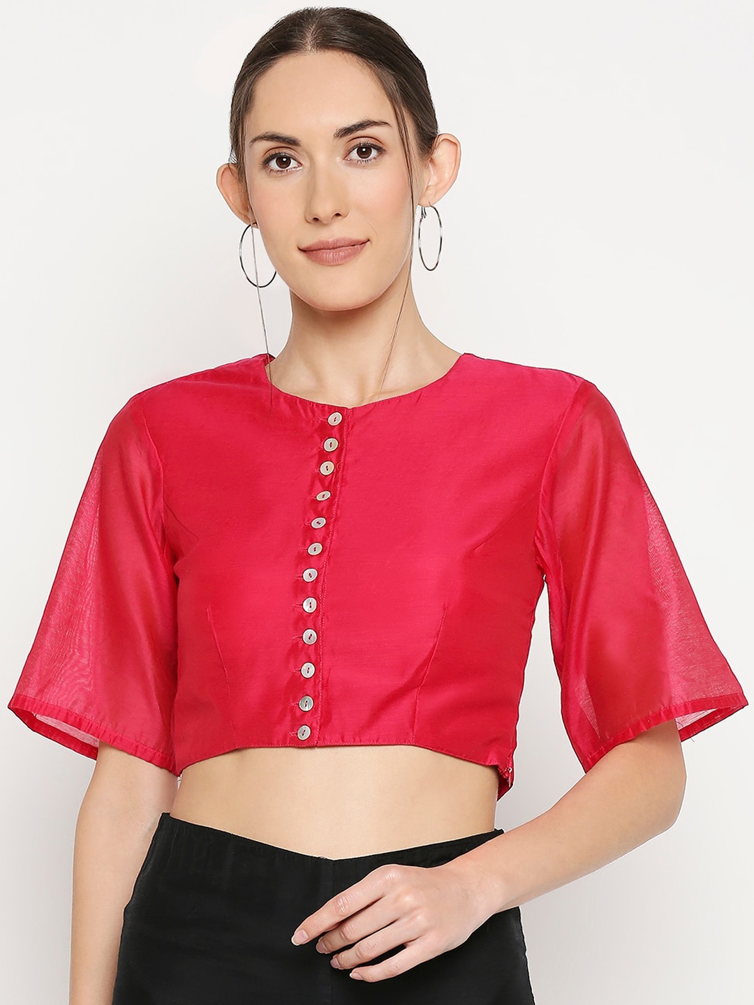 

Desi Weavess Women Coral-Pink Solid Readymade Saree Blouse