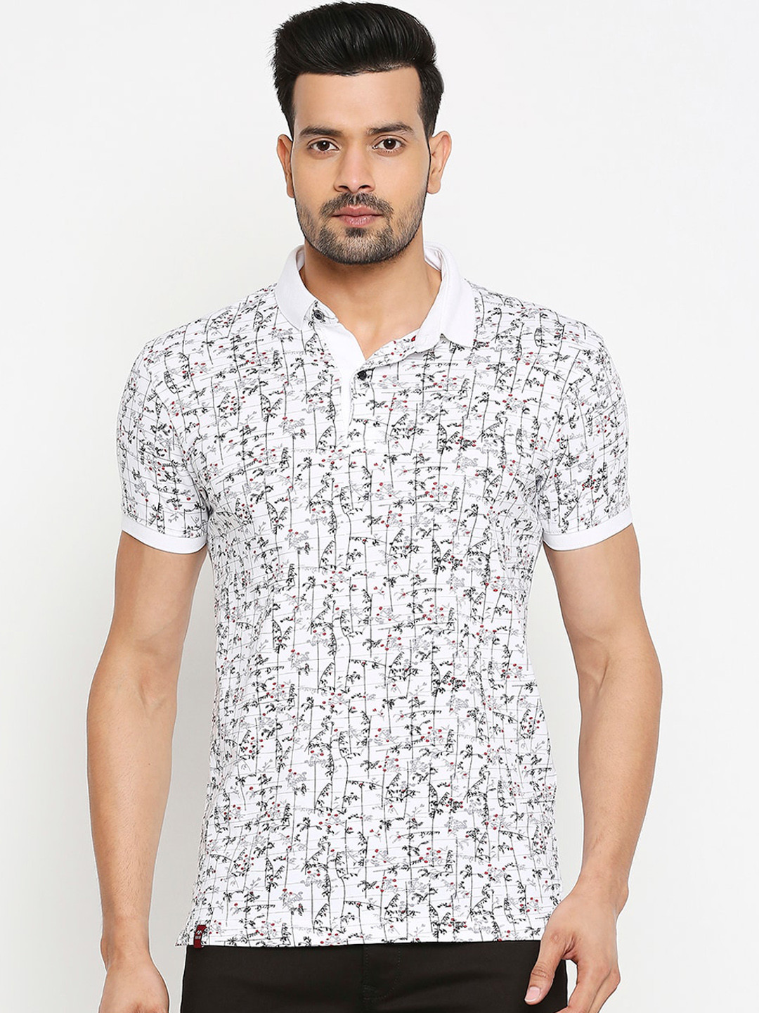 

Mufti Men White Black Slim Fit Printed Polo Collar Cotton Pure Cotton T-shirt