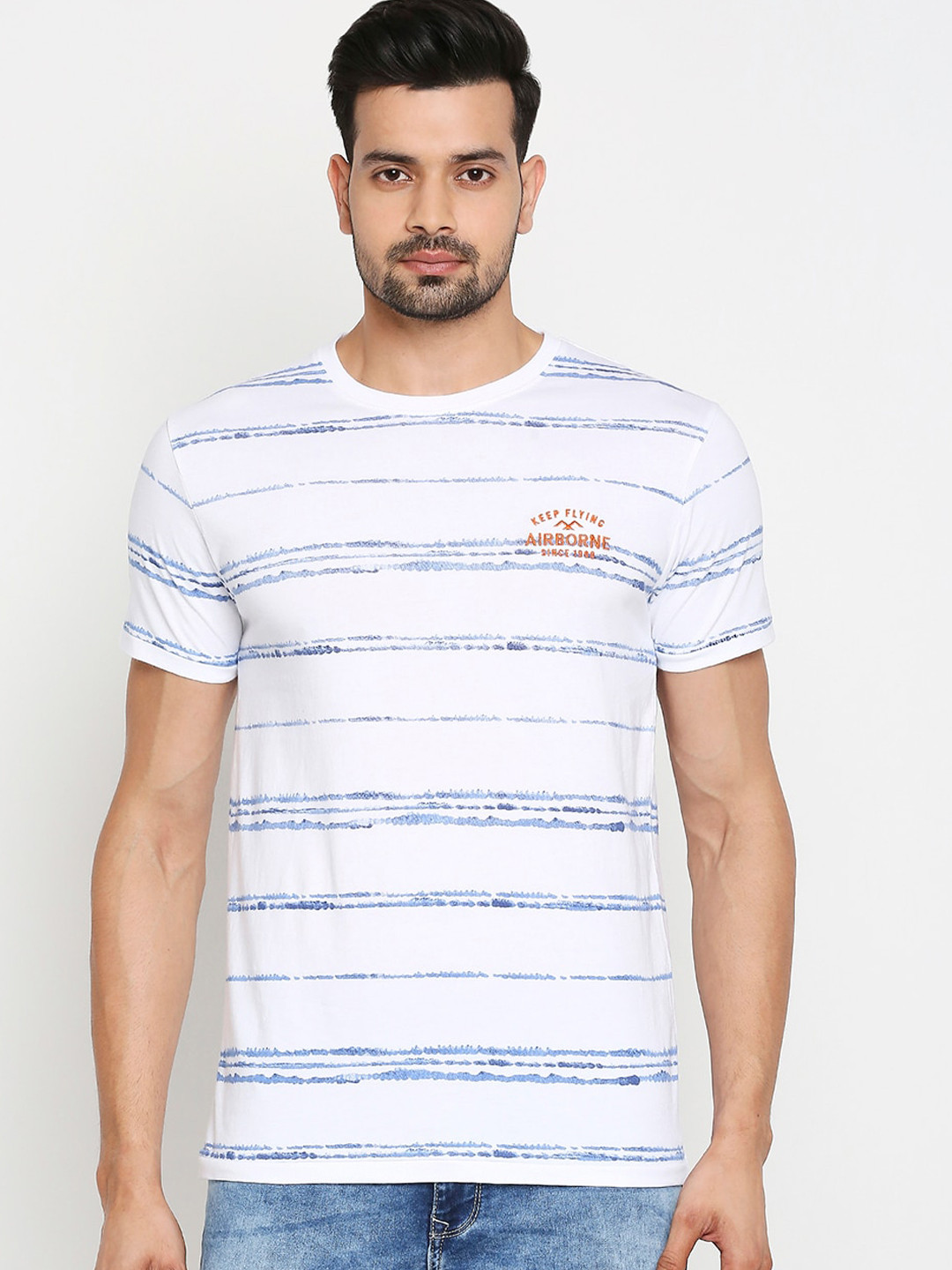 

Mufti Men White Blue Striped Round Neck Pure Cotton T-shirt