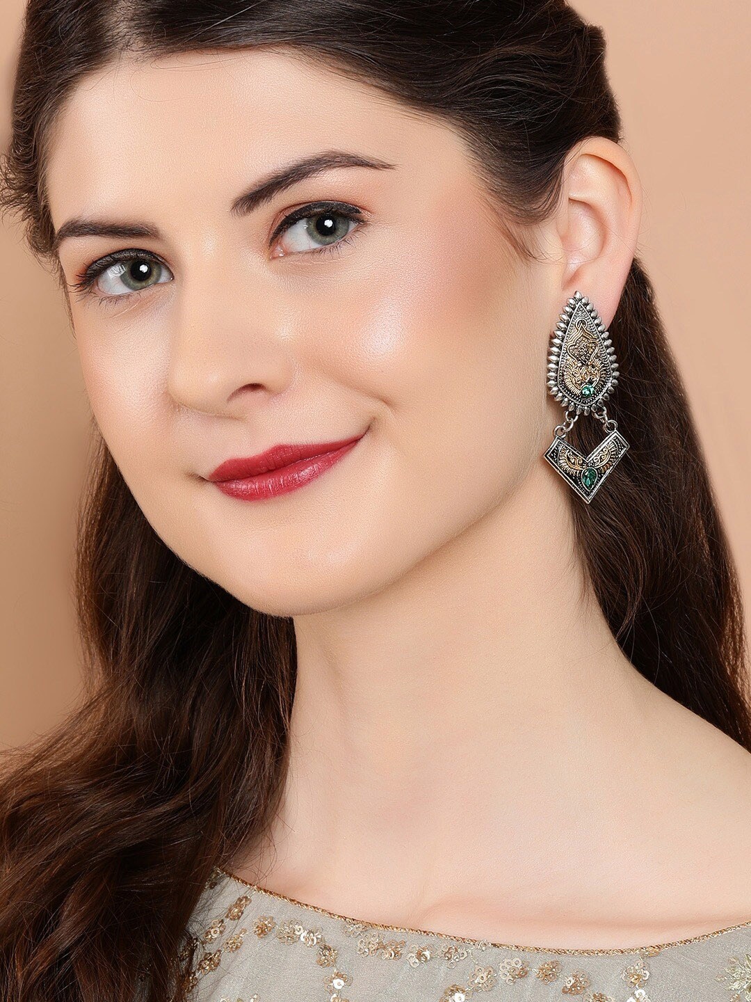 

Rubans Silver-Toned Handcrafted Oxidised Geometric Drop Earrings