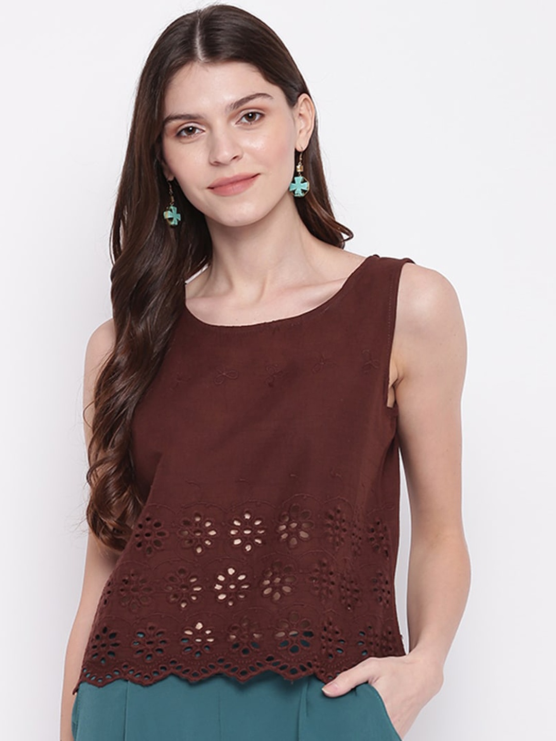 Mayra Coffee Brown Self-Design Pure Cotton Crop Top