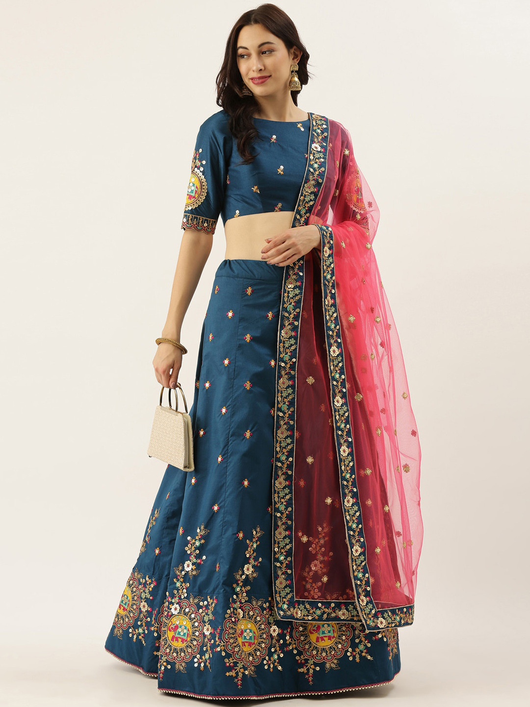 

panchhi Blue & Yellow Embroidered Semi-Stitched Lehenga & Unstitched Blouse with Dupatta