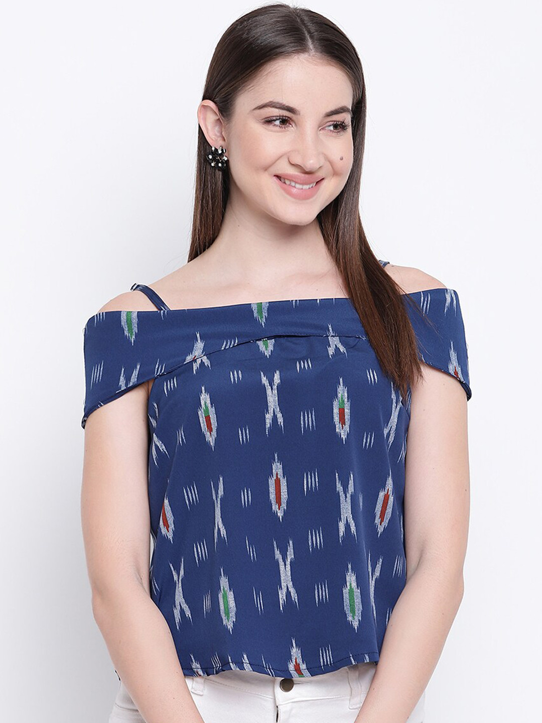 

Mayra Blue & Off White Geometric Printed Cold-Shoulder Sleeves Bardot Top