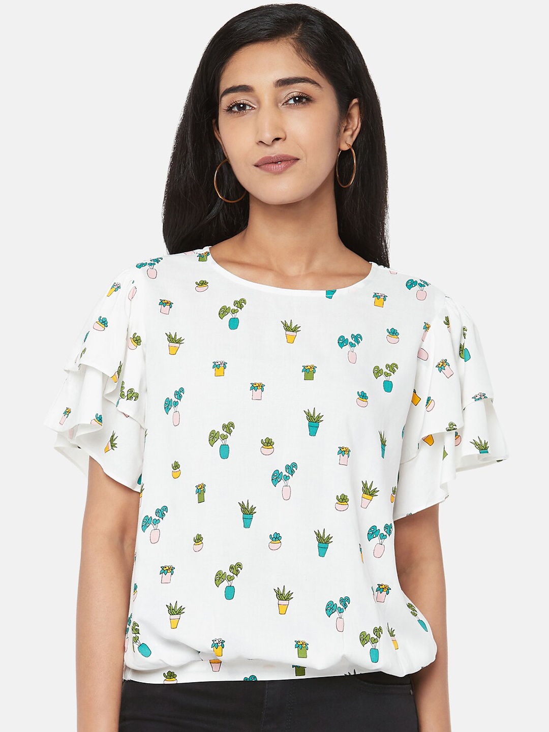 

People White Printed Flutter Sleeves Regular Top
