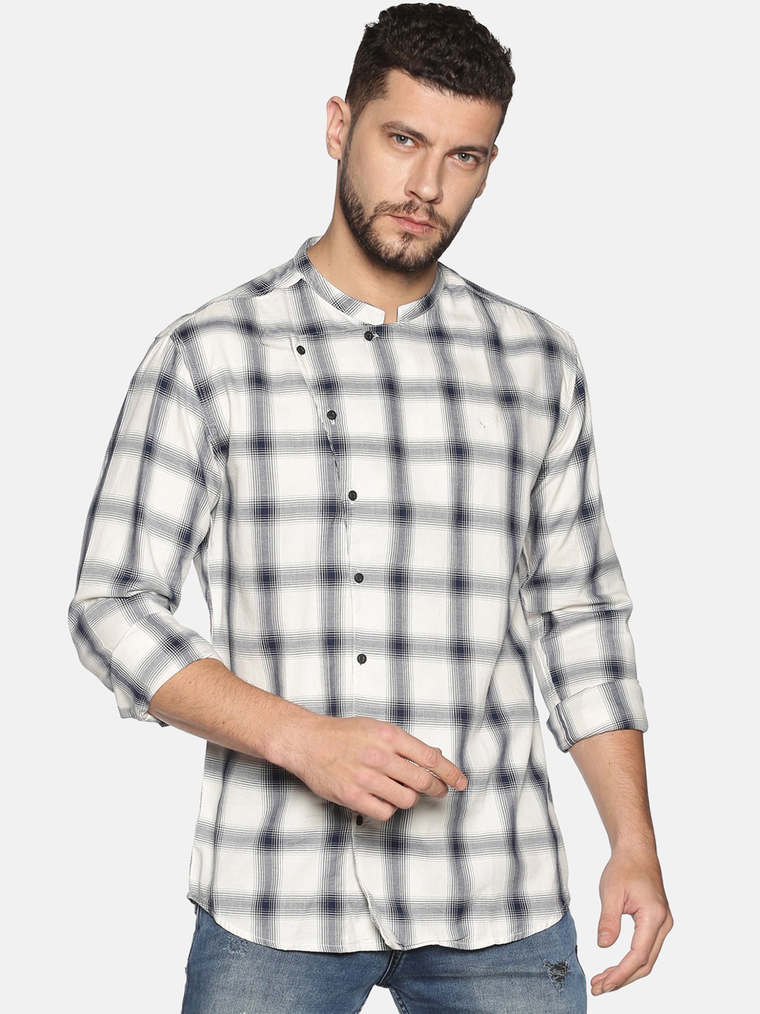 

SHOWOFF Men White Checked Short Kurta