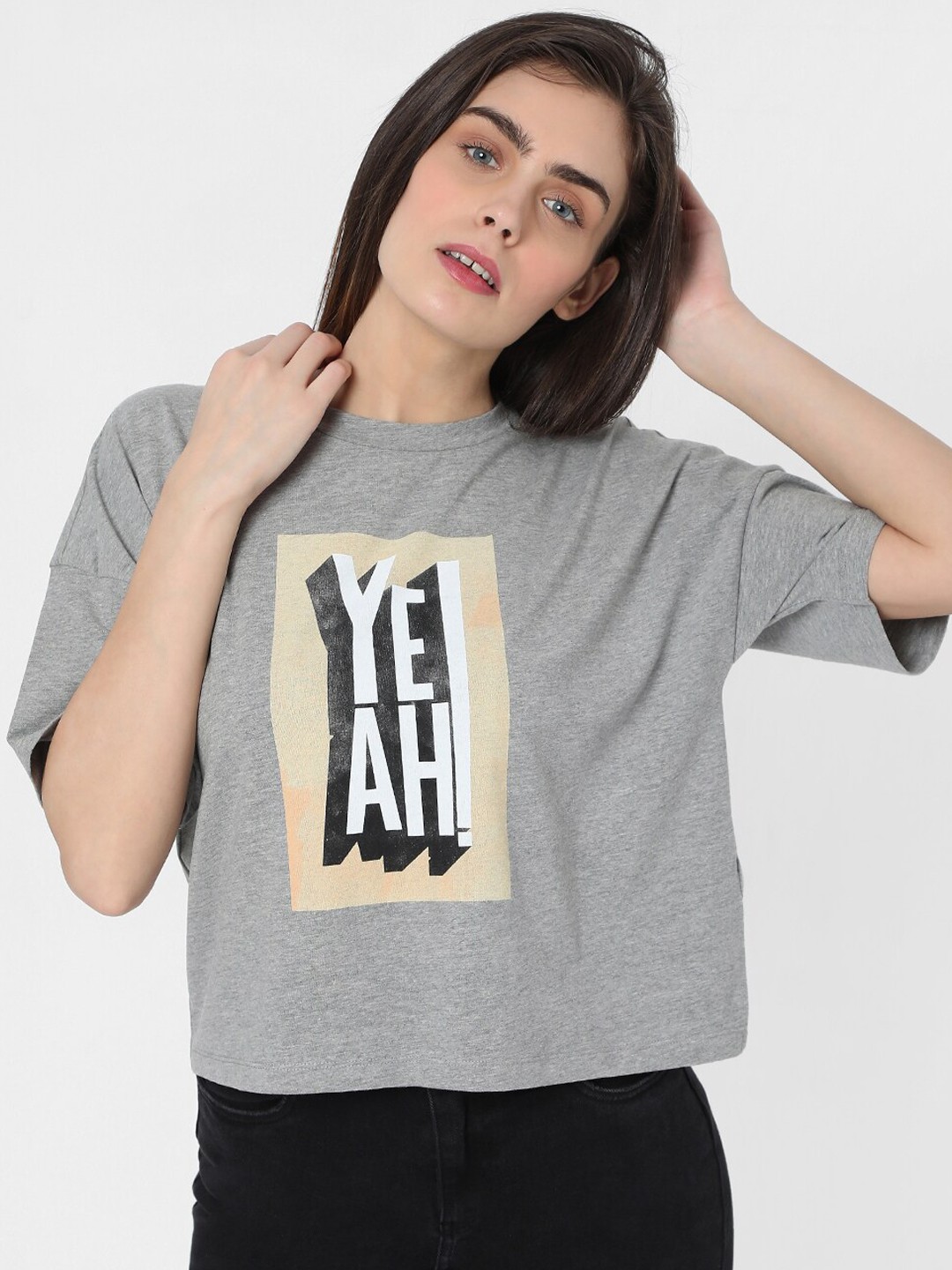 

Vero Moda Women Grey Printed Round Neck Crop T-shirt