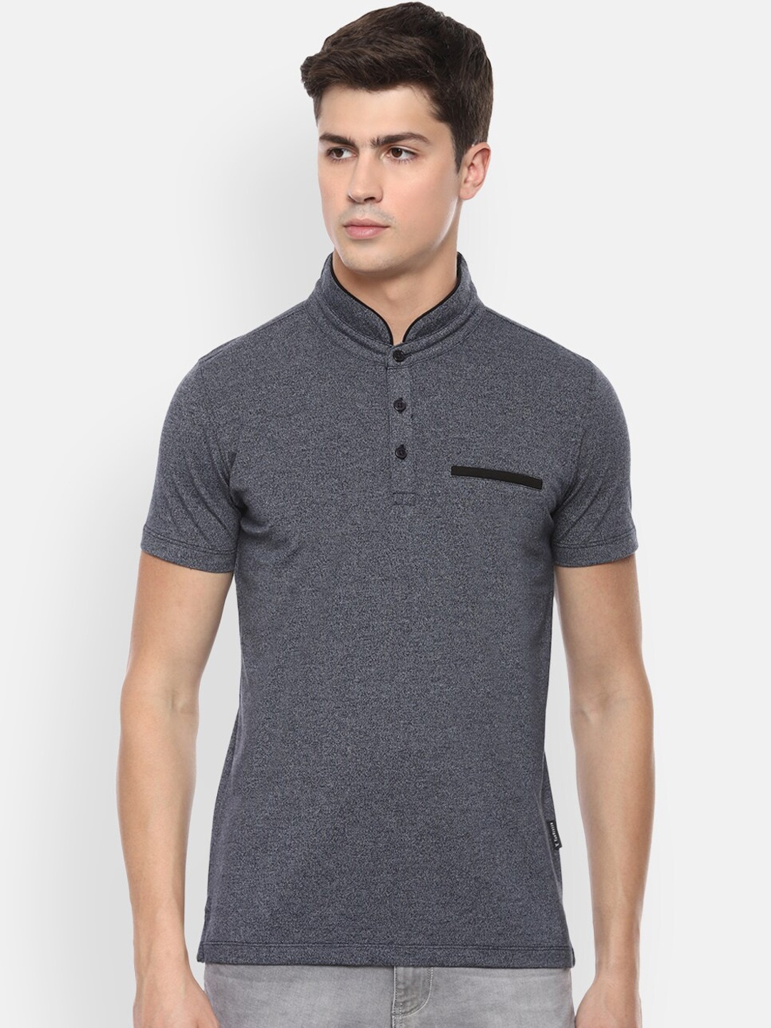 

V Dot Men Grey Solid Mandarin Collar T-shirt