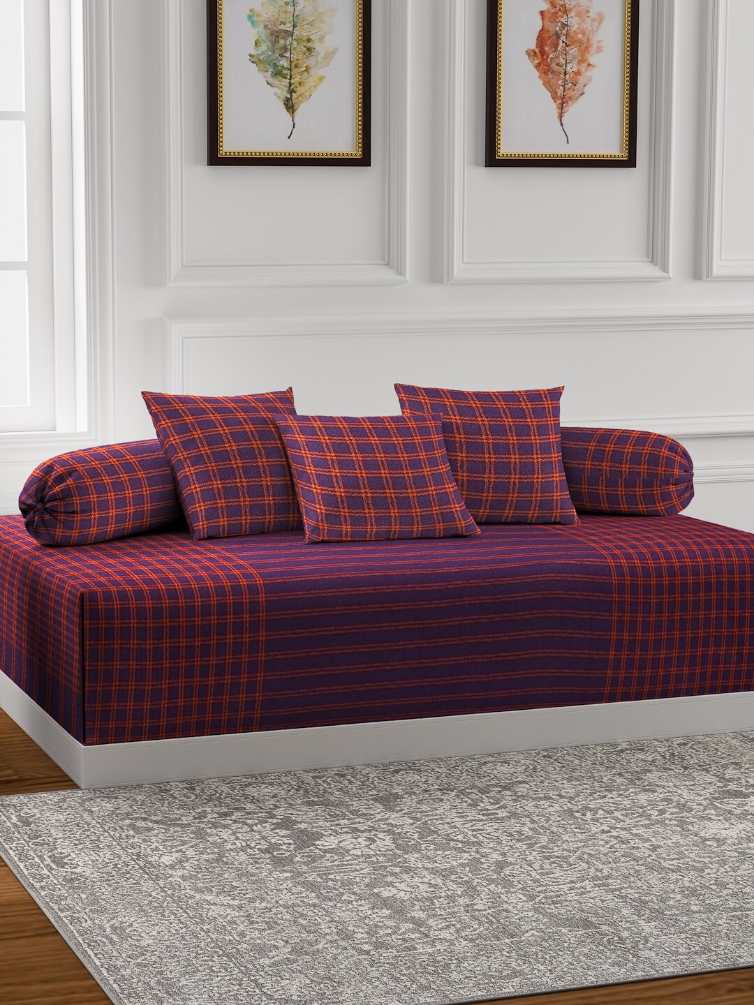 

KLOTTHE Set of 6 Purple & Orange Checked Bedsheet with Bolster & Cushion Covers