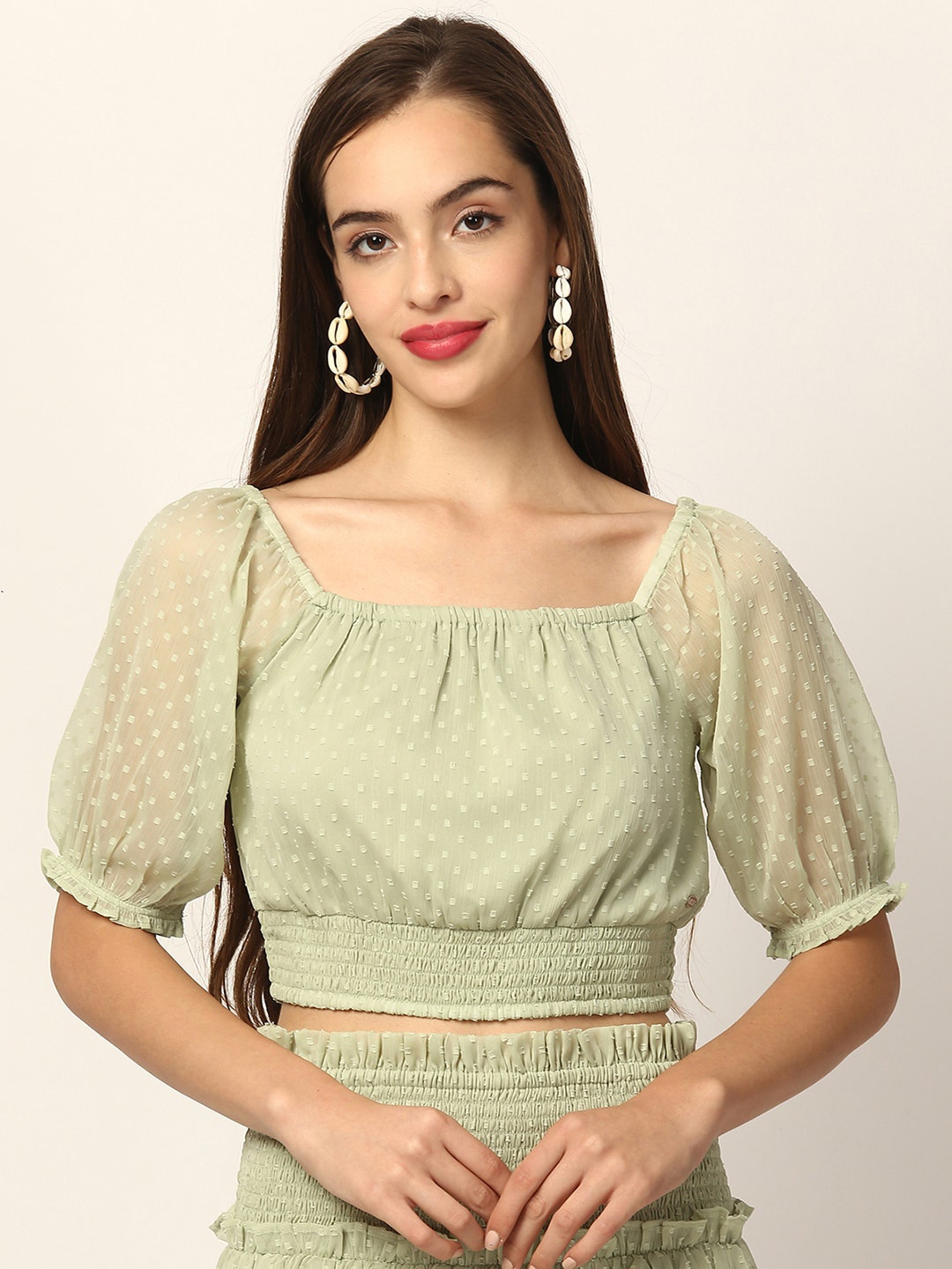 

Elle Green Puff Sleeves Cinched Waist Crop Top