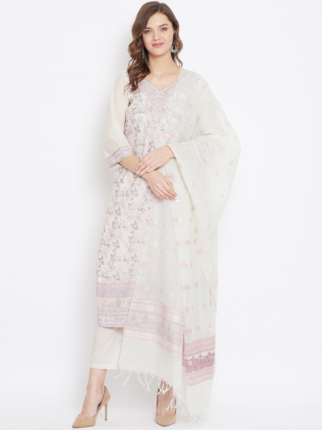 

Safaa Pink & White Cotton Blend Woven Design Unstitched Dress Material For Summer