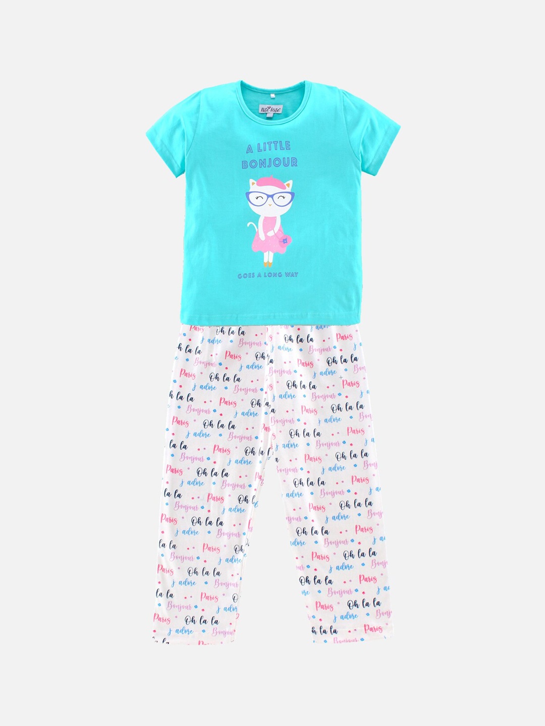 

Nite Flite Girls Off-White & Turquoise Blue Printed Night Suit