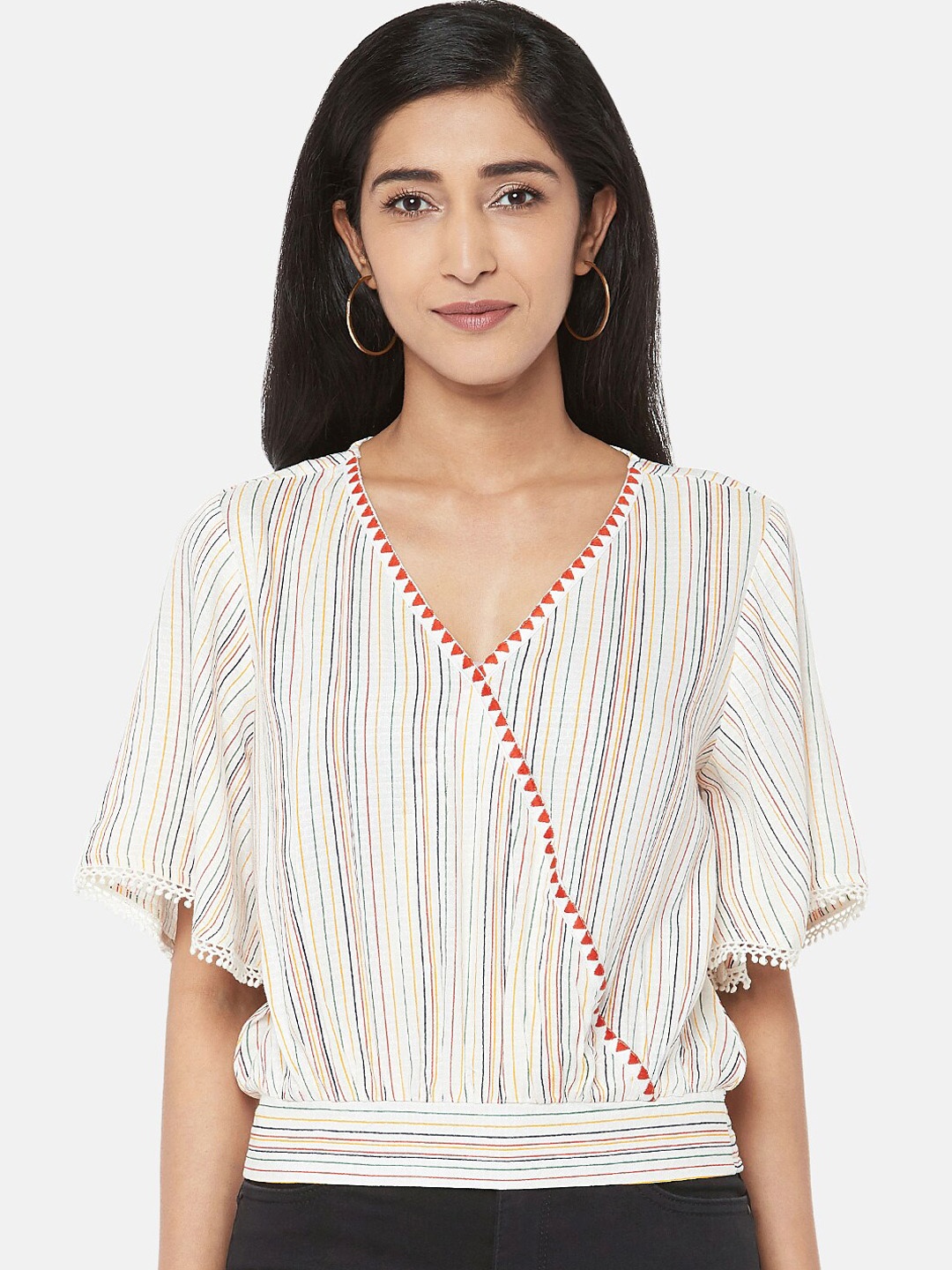 

People Off White Striped Flutter Sleeves Wrap Top