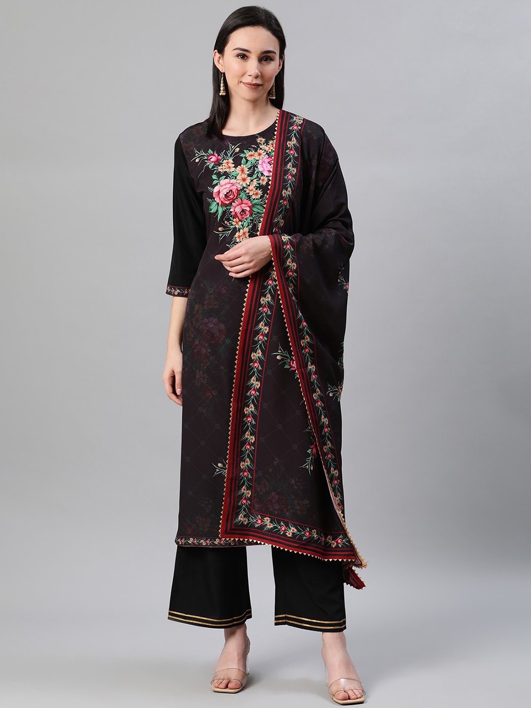 

ZIYAA Women Black Floral Printed Regular Kurta with Palazzos & With Dupatta