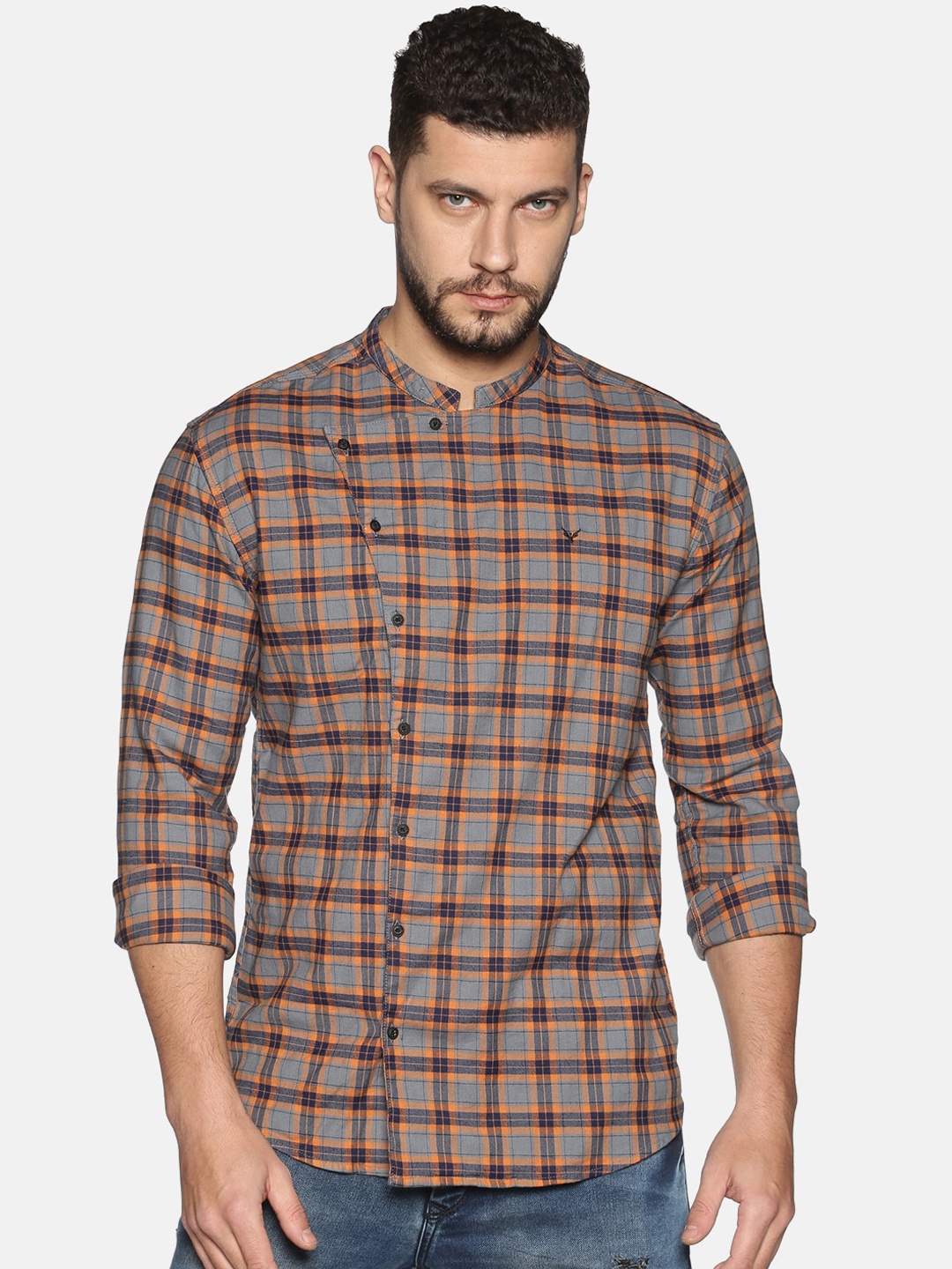 

SHOWOFF Men Orange & Grey Slim Fit Checked Casual Shirt
