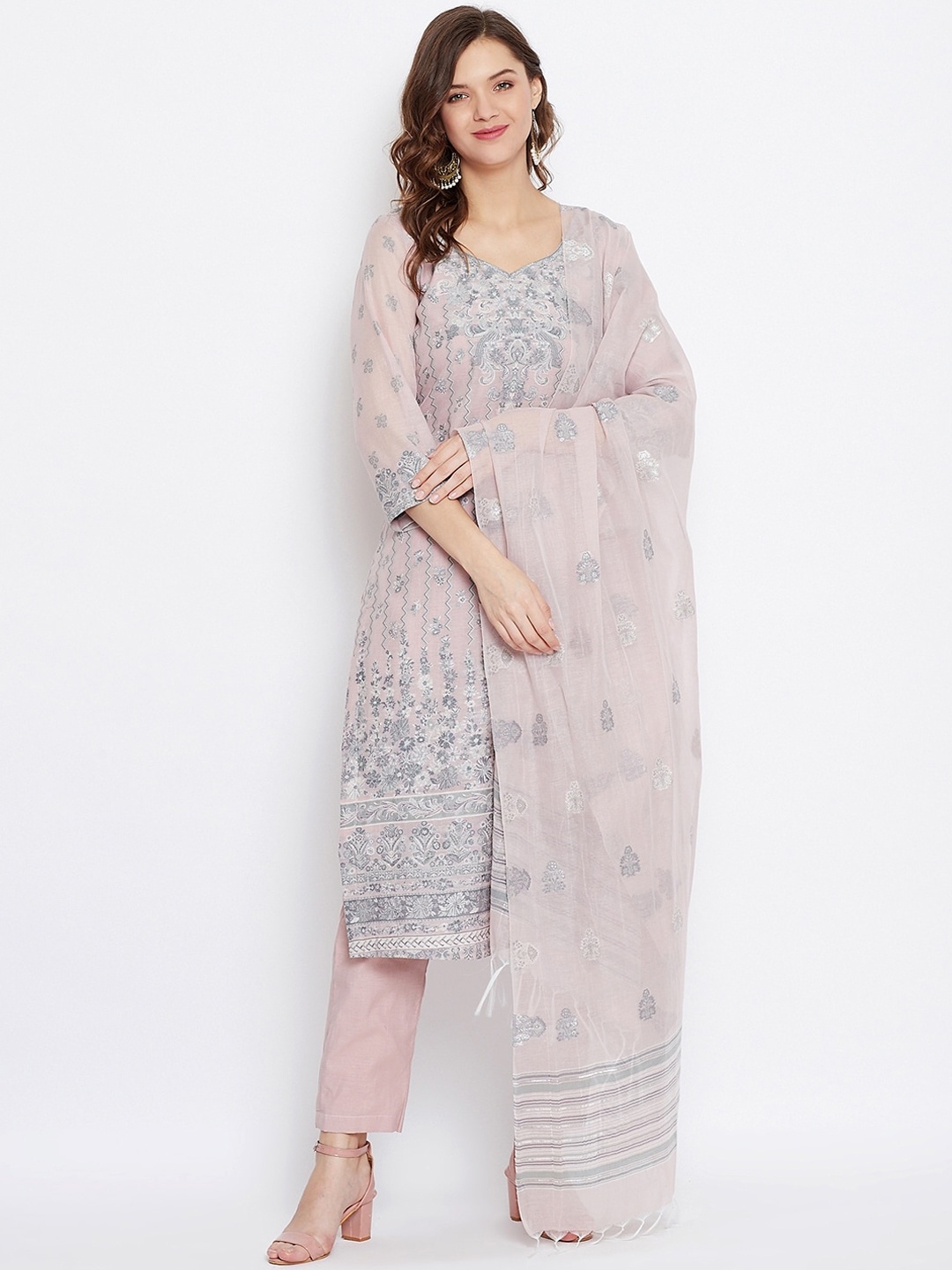 

Safaa Pink Cotton Blend Woven Design Unstitched Dress Material For Summer