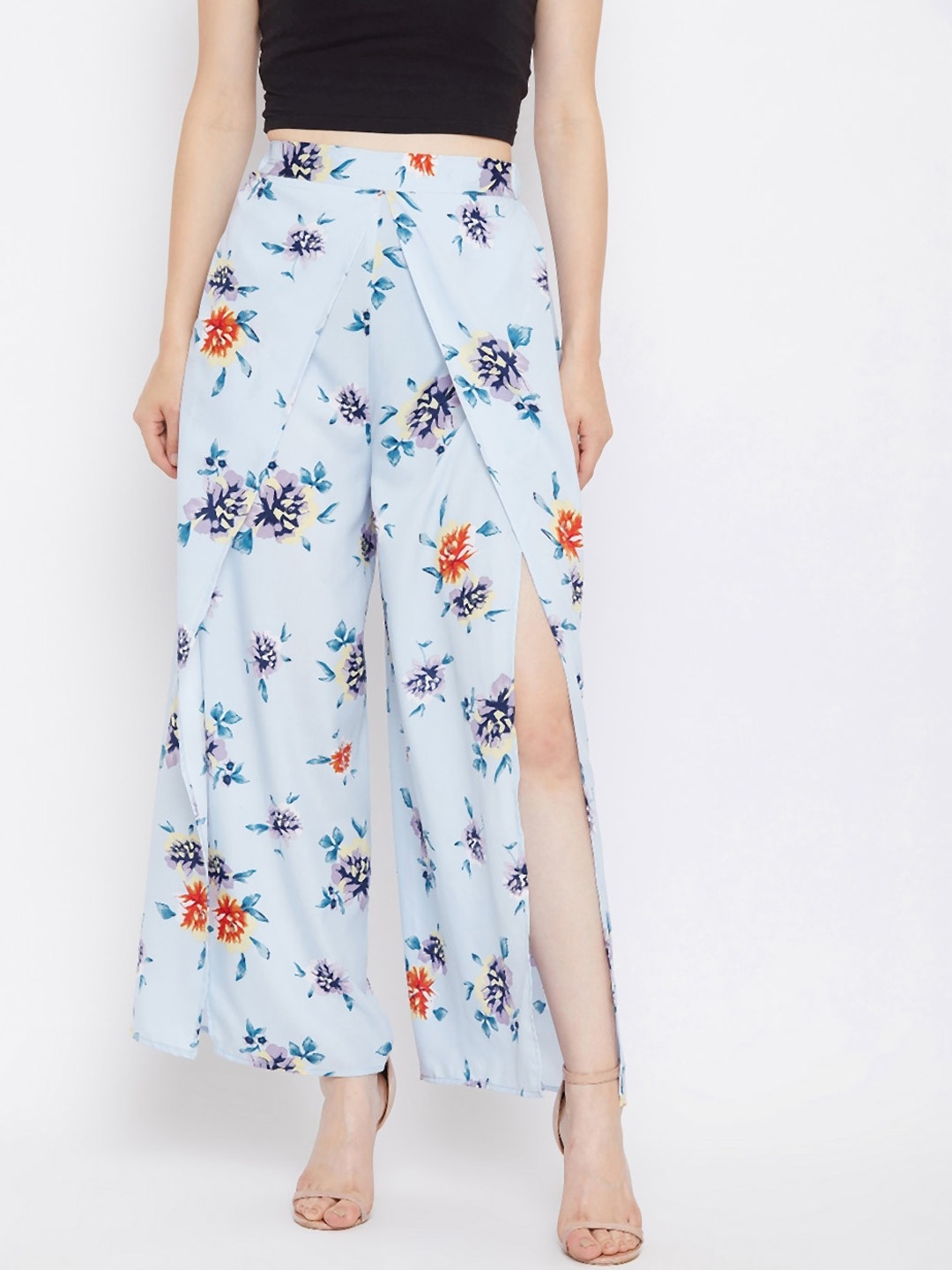 

PURYS Women Blue & Orange Flared Printed Parallel Slit Trousers