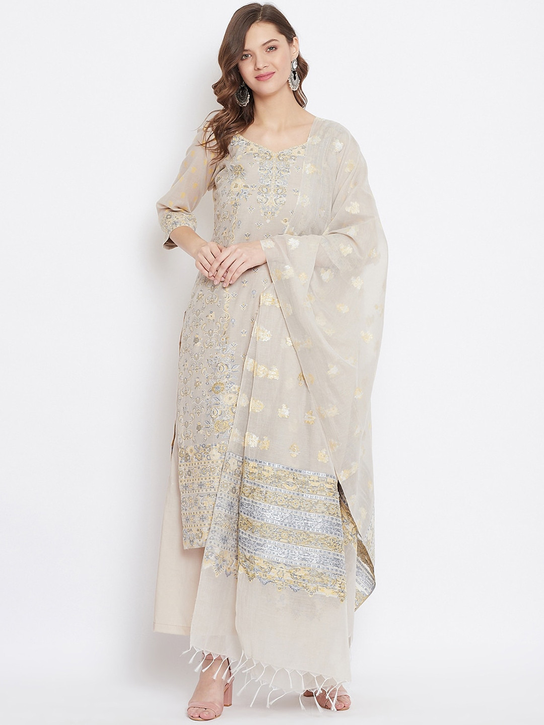 

Safaa Beige & Yellow Cotton Blend Woven Design Unstitched Dress Material For Summer