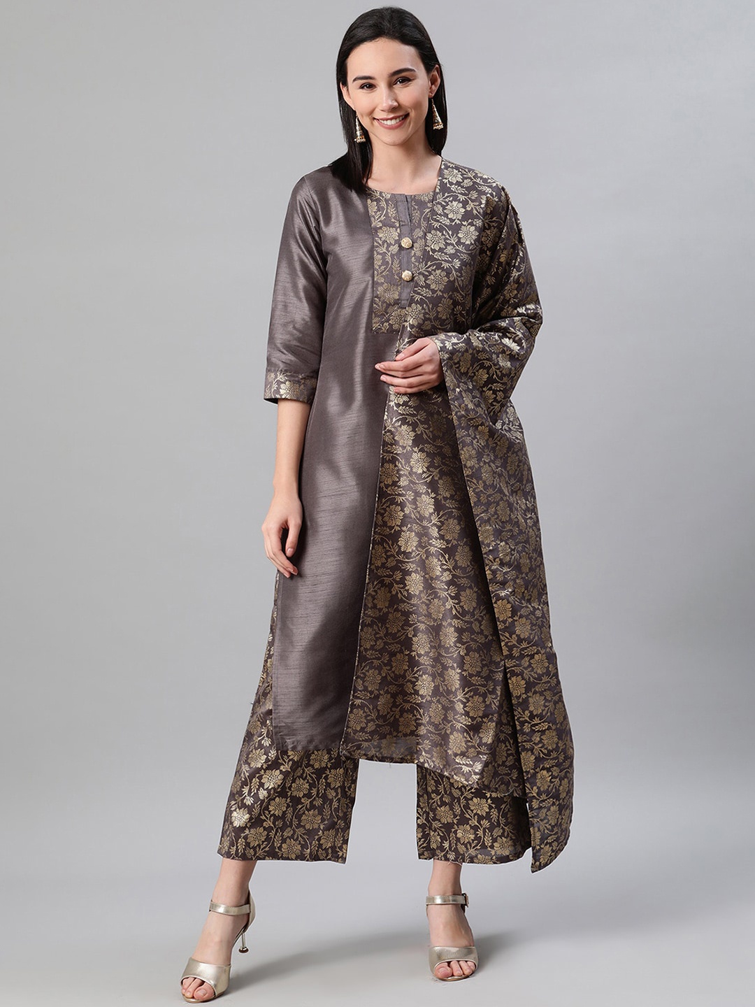 

ZIYAA Women Grey Yoke Design Kurta with Palazzos & Dupatta