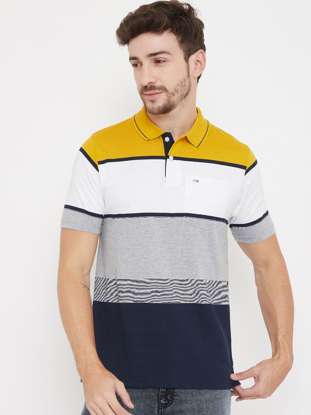 

NEVA Men Grey & Blue Colourblocked Polo Collar T-shirt