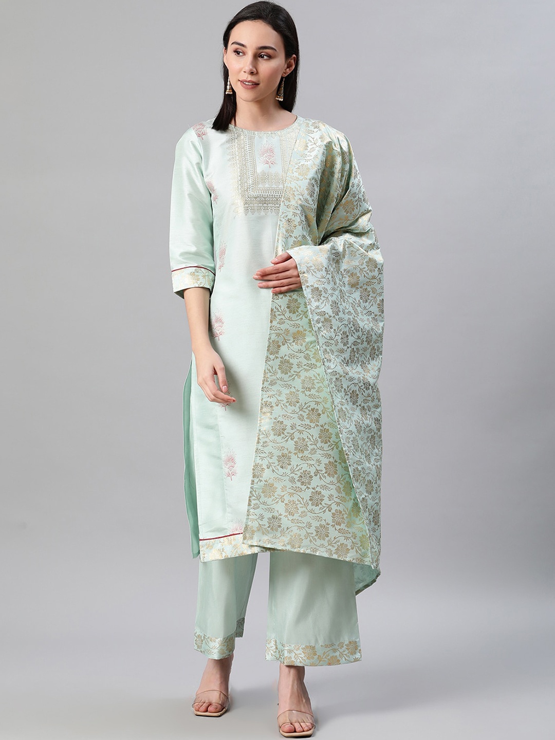 

ZIYAA Women Blue Embroidered Kurta with Trousers & Dupatta