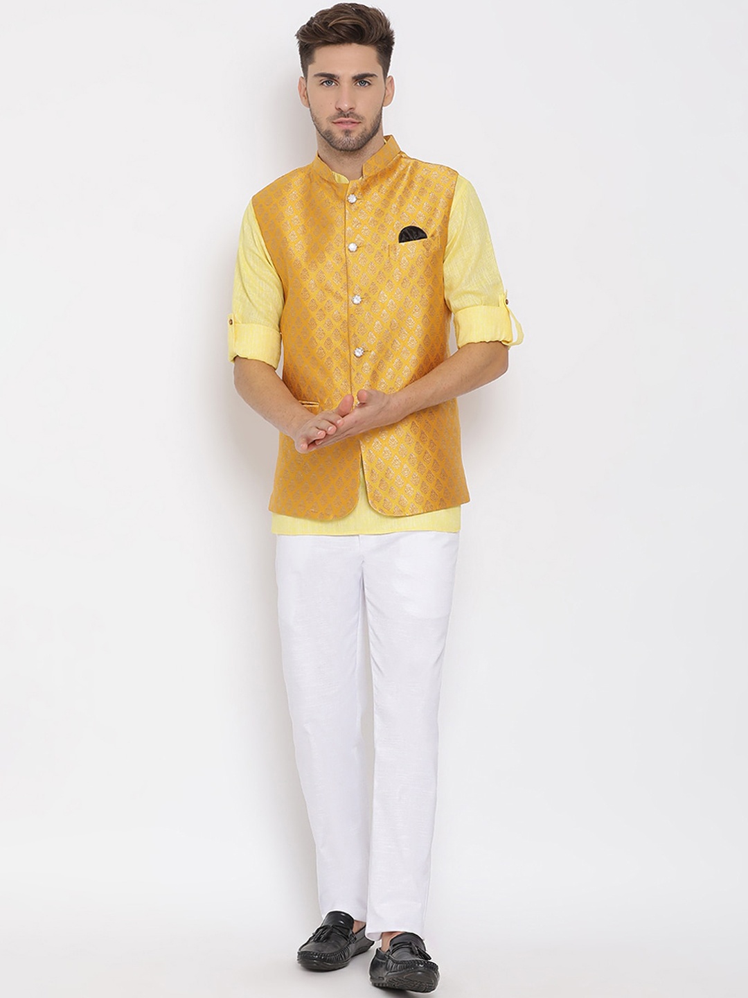 

Hangup Men Yellow & White Kurta & Trousers With Jacket