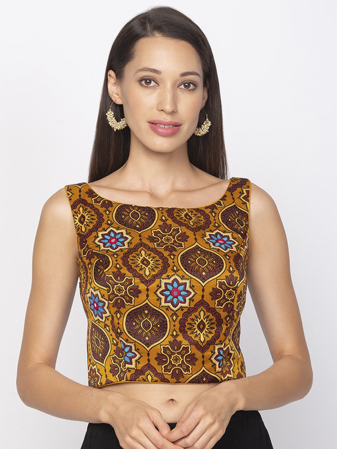 

Salwar Studio Mustard Yellow Printed Regular Ethnic Crop Top
