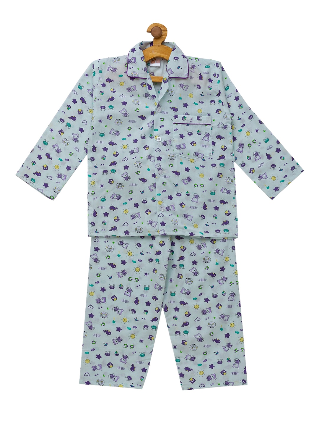 

Fuzzy Bear Girls Blue & Purple Printed Sustainable Night Suit