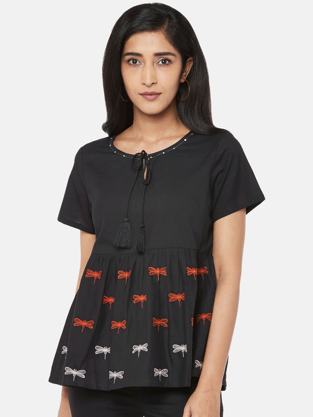 

People Black Printed Tie-up Neck Pure Cotton A-line Top