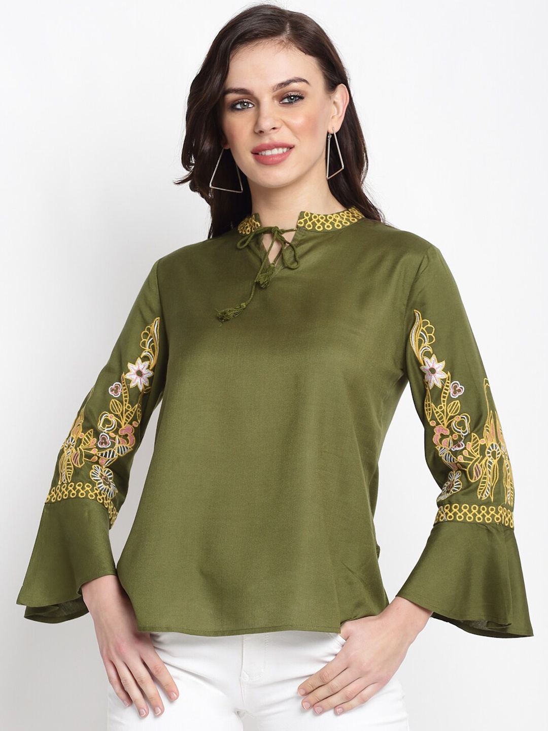 Miaz Lifestyle Olive Green Floral Embroidered Mandarin Collar Bell Sleeves A-line Top