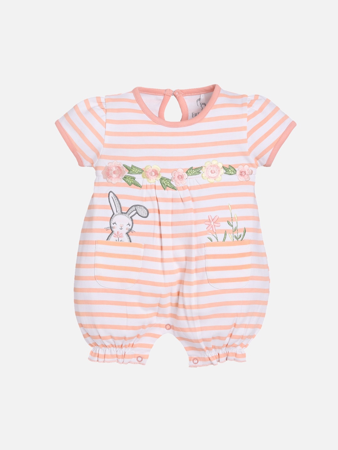 

BABY GO Infants Kids White & Peach-Coloured Striped Romper