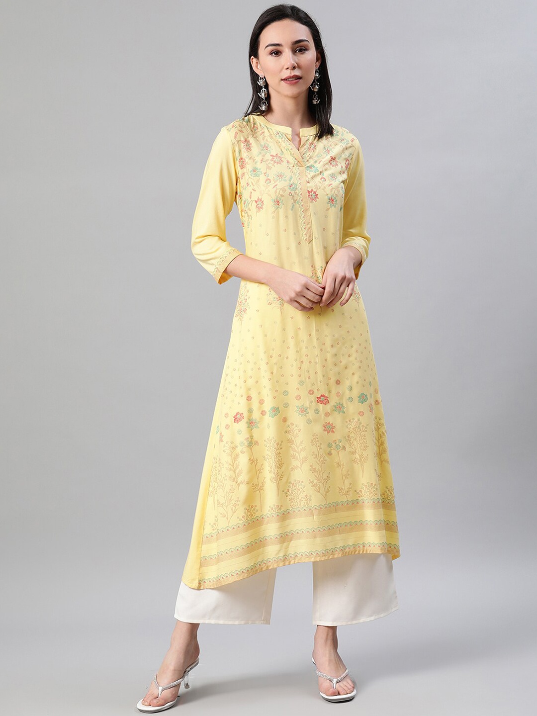

ZIYAA Women Yellow & Cream-Coloured Foil Printed Kurta with Trousers