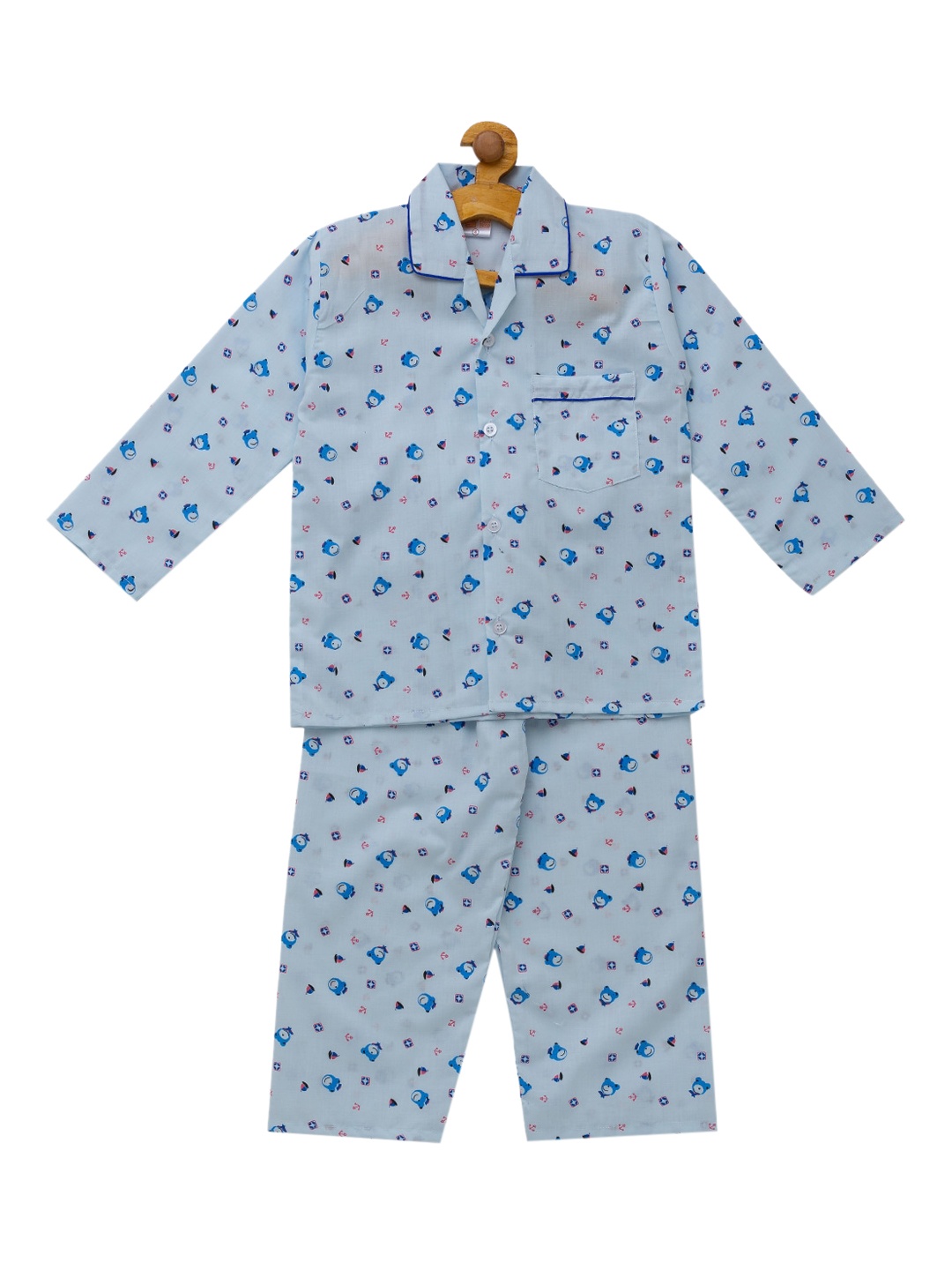 

Fuzzy Bear Girls Blue Cotton Printed Nightsuit