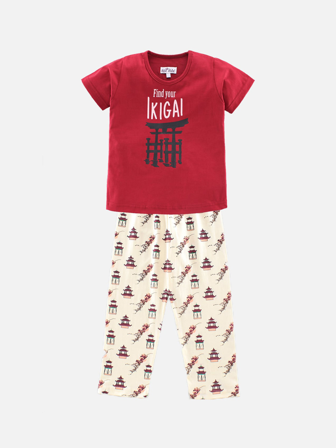 

Nite Flite Girls Red & Cream-Coloured Printed Night Suit