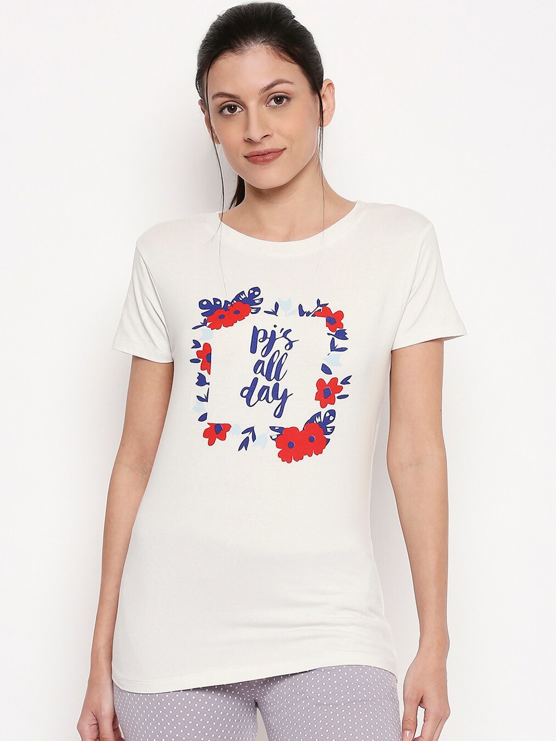 

XIN Women Off-White Printed Round Neck Longline Cotton T-shirt