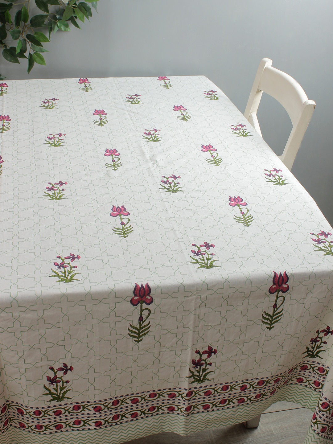 

Rajasthan Decor White & Pink Floral Printed Table Cover