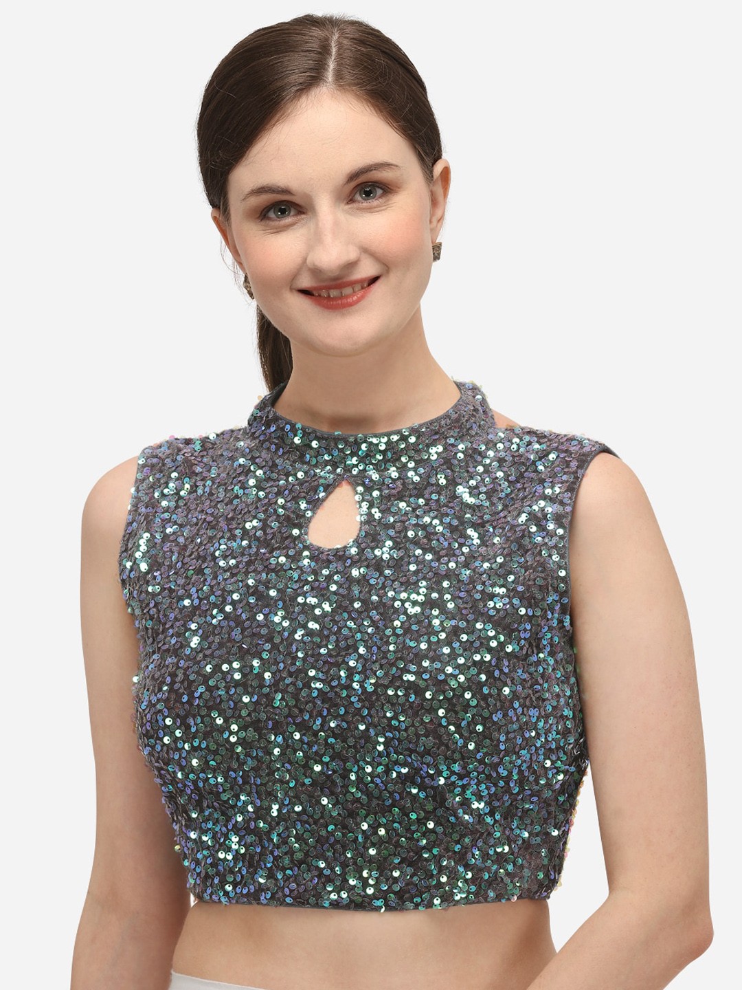 

Fab Dadu Women Grey Embellished Velvet Saree Blouse