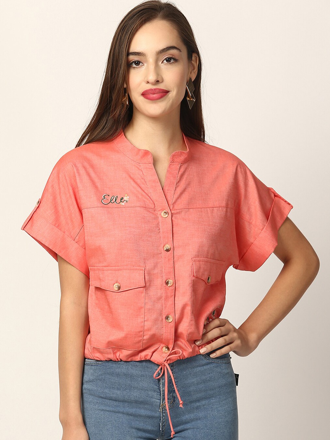 

Elle Coral Mandarin Collar Shirt Style Top