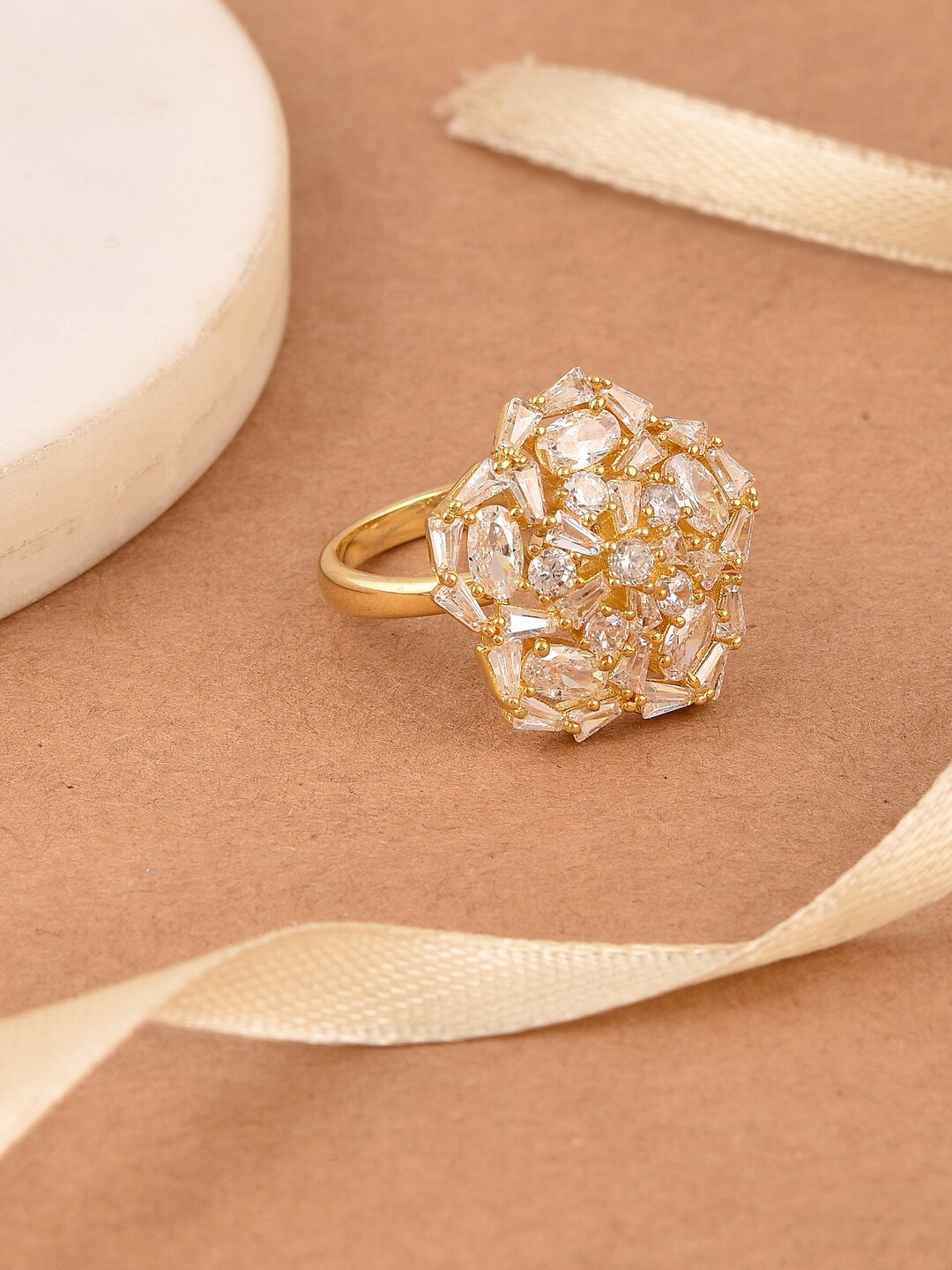 

Tistabene Gold-Plated White Stone-Studded Floral Design Cocktail Finger Ring