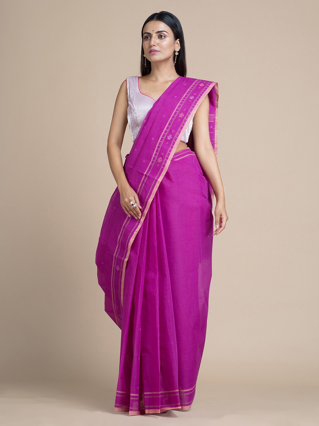 Mitera Magenta Pure Cotton Solid Taant Saree